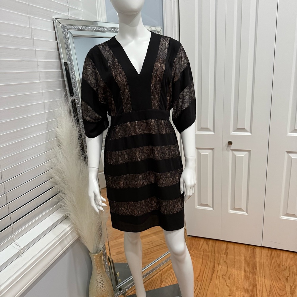 BCBGMaxAzria Black and Brown Lace Long Sleeve Dress